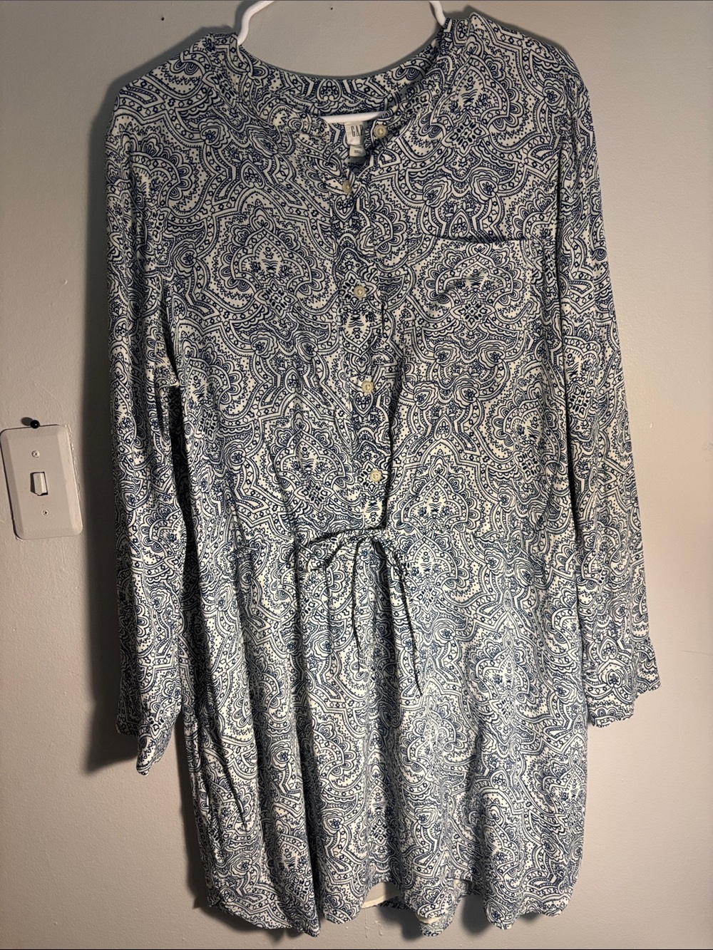 Gap Blue Paisley Button-Up Lined tie waist Spring Dress / Tunic Size XL PTP 21”